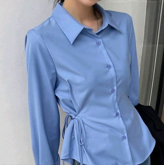 Solid Color Business Casual V-Neck Long Sleeve Cinched Waist Women Blouse - Picture 3 of 4